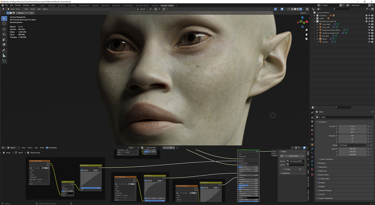 Blender 3d head model photorealistic skin shading